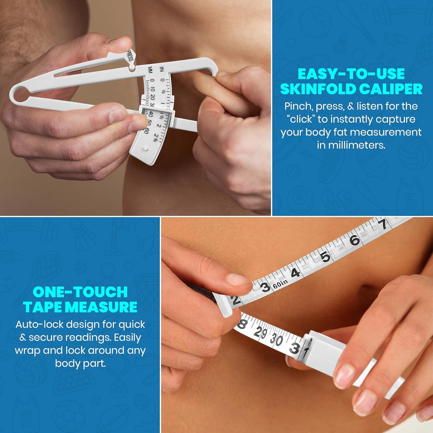 Body Fat Caliper & Measuring Tape Set for Body Measurement, Skinfold Calipers with Body Tape Measure for Fitness & Weight Loss Tracking, White, Case of 50