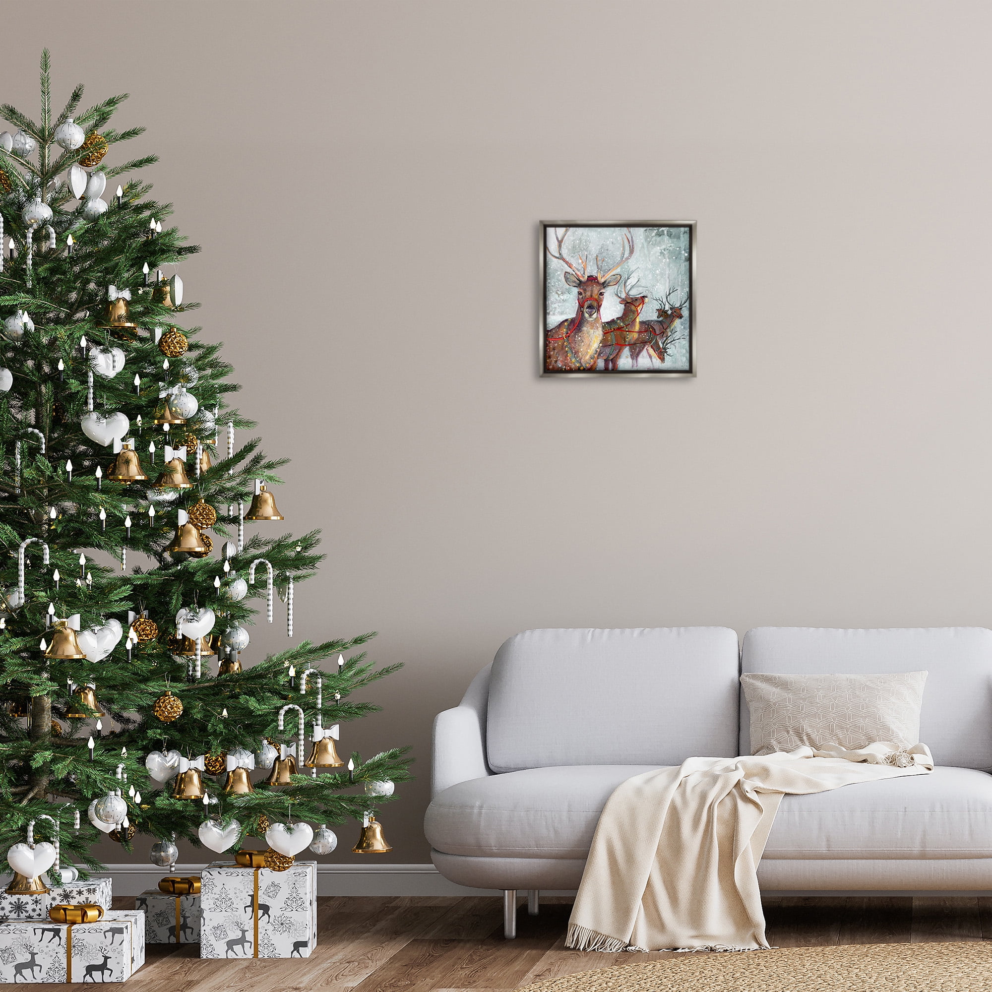 Stupell Industries Winter Reindeer Holiday Landscape Holiday Painting Gray Floater Framed Canvas Art Print Wall Art, 18 x 18