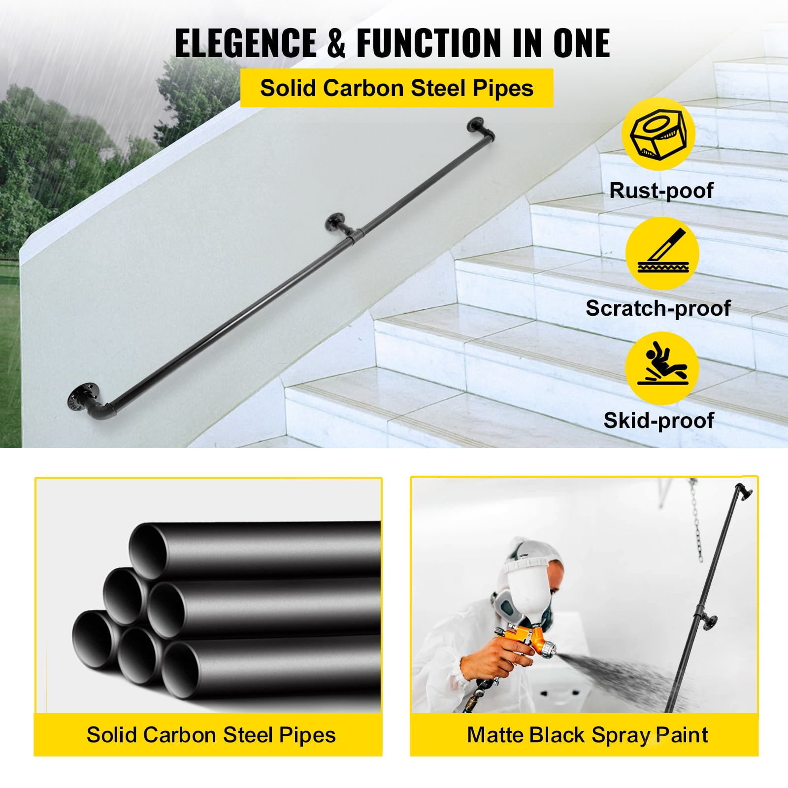 VEVOR 6 ft Pipe Stair Handrail, 440 lbs Load Capacity Carbon Steel Staircase Handrail, Industrial Pipe Handrail with Wall Mount Support