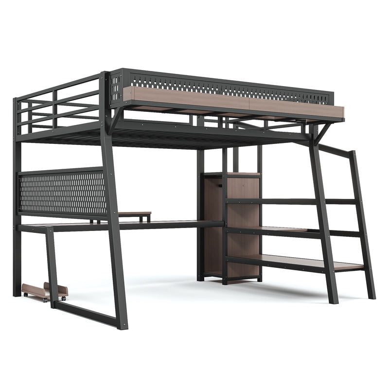 Queen Size Teens Loft Bed with Storage Stairs & Wardrobe, Metal Gaming Bed Frame with Pegboard, LED Lights & Power Outlet