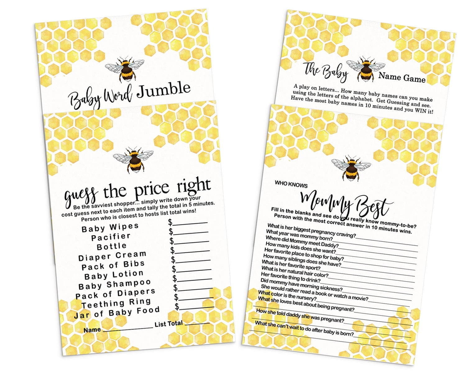 Bumblebee Baby Shower Game Card Bundle 4 in 1 Pack (25 Each) Includes Mommy Best - Word Scramble - Name Game - Guess the Price - Mama to Bee Yellow and Black - Paper Clever Party