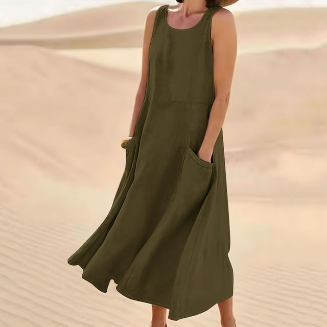EQWLJWE Économies d'Été! Robes d'Été pour Femmes 2024 Décontractées Tendance, Robes pour Femmes Grande Taille en Liquidation, Robe Longue Sans Manches en Coton et Lin Col Rond Couleur Unie avec Poche