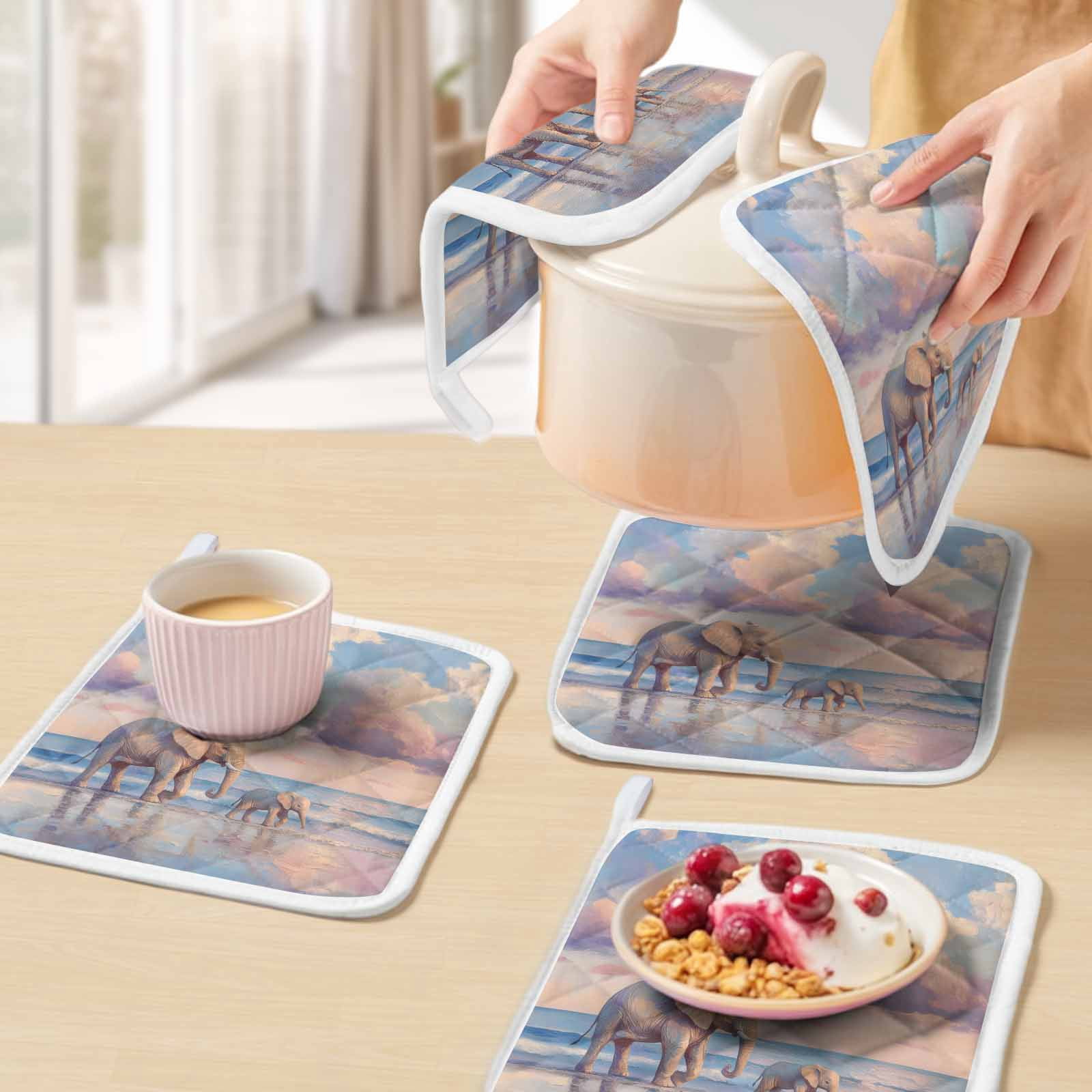 Beach Elephant Pot Holders for Kitchen Heatproof Potholder, 3 Pack Natural Seaside Scenery Modern Paint Art Hot Pads Multipurpose Oven Pads Cloth Potholders Trivet for Cooking Baking