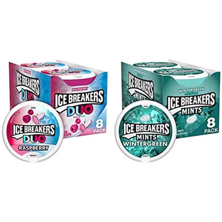 Ice Breakers Duo Sugar Free Mints, Raspberry, 1.3 Ounce (Pack Of 8) & Mints, Wintergreen, Sugar Free, 1.5 Ounce (8 Count)