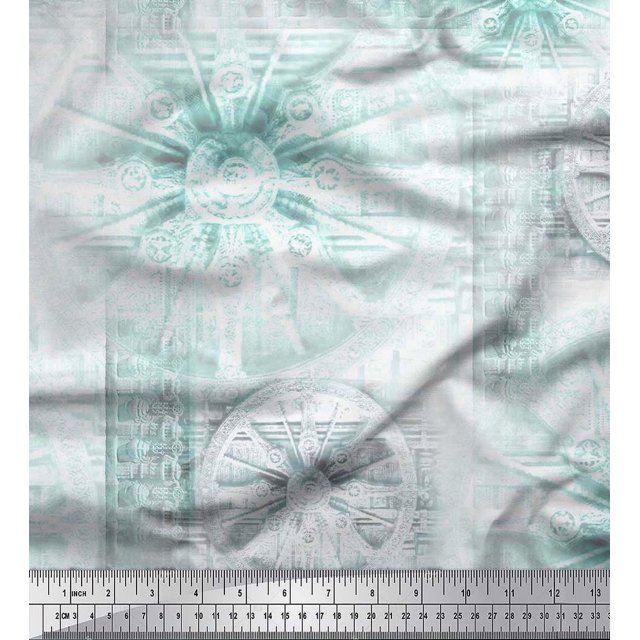 Soimoi Japan Crepe Satin Fabric Elephant & Wheel Panel Printed Fabric 1 Yard 42 Inch Wide