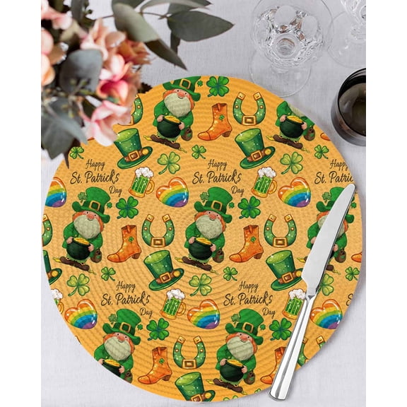 15 Inch Round Placemats Set of 4, Saint Patrick's Day Non Slip Heat Insulation PP Table Mats, Orange Gnomes Hat Boot Rainbow Clovers Washable Place Mats for Kitchen Dining Party Table Decor