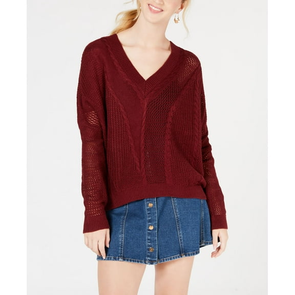Ultra Flirt By Ikeddi Juniors Pointelle Cable Knit Sweater Zinfandel L