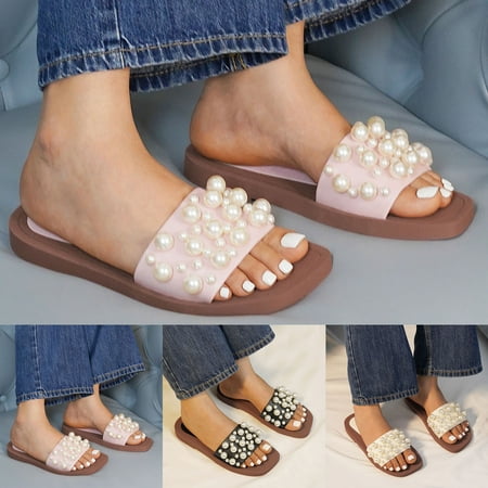 

〖Yilirongyumm〗 Black 37 Sandals Women Slippers Pearl Slippers Fashion All Casual Pearl Non Slip Beach Sandals
