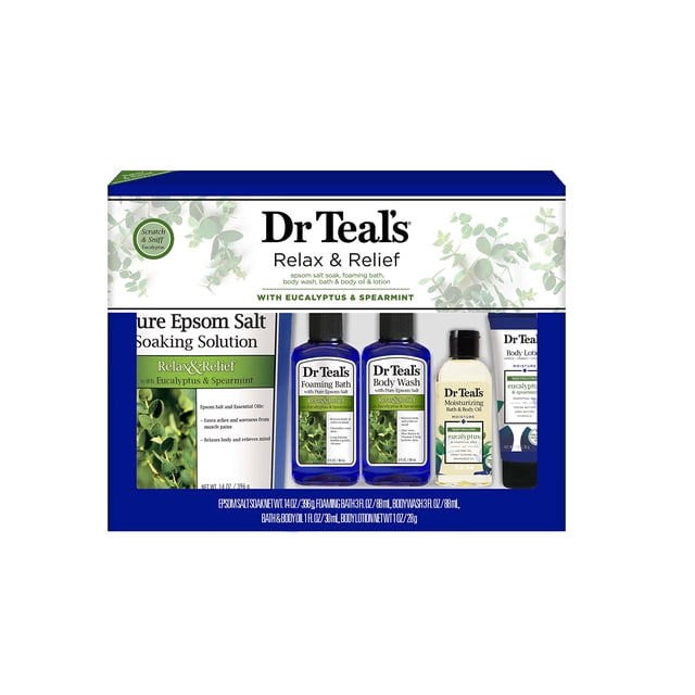 Dr Teal's Eucalipto y menta verde Relax & Relief Régimen completo Set de regalo de 5 piezas (solución de remojo de sal de Epsom, baño espumoso, lavado corporal, baño hidratante y loción corporal con a