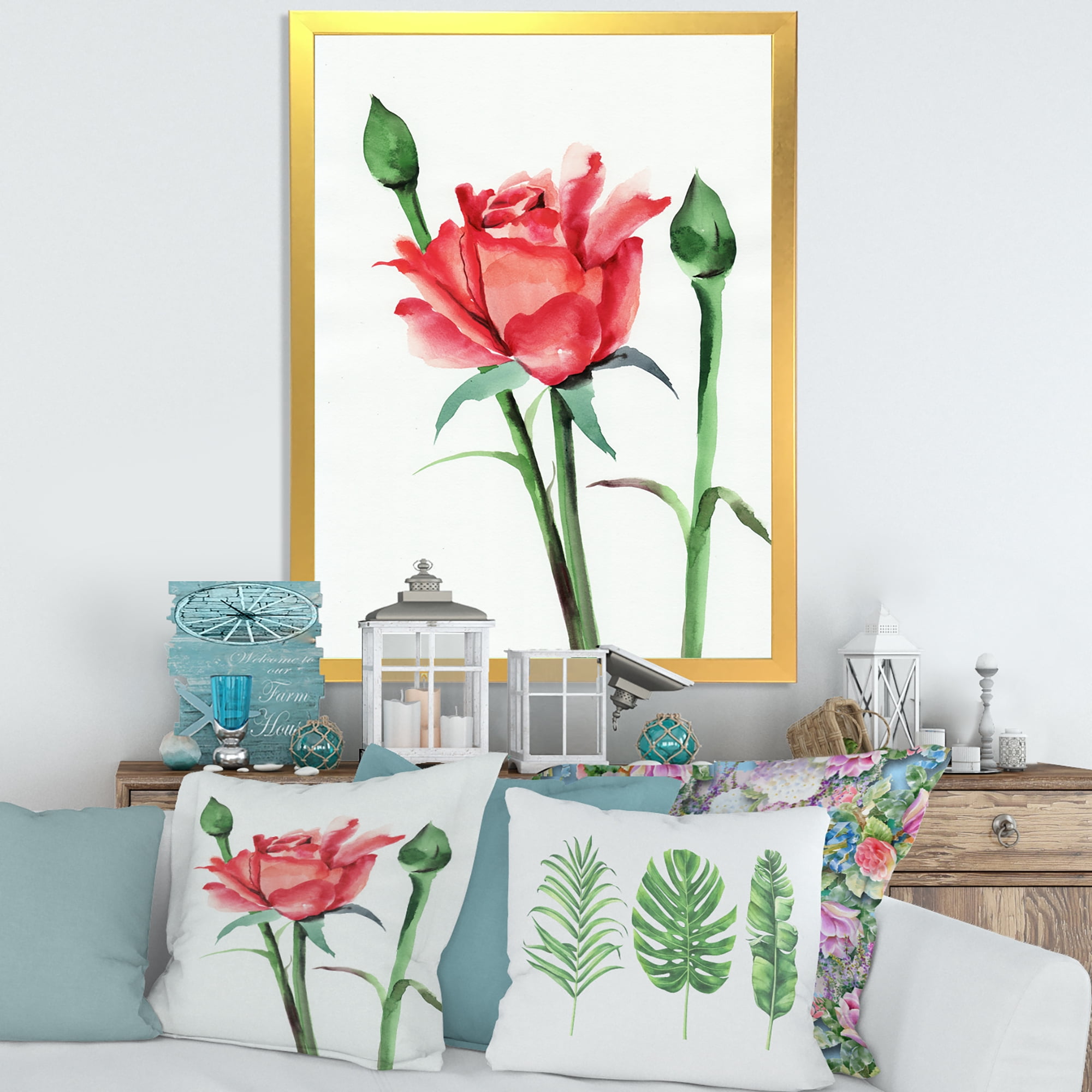Designart 'Buds With Red Rose' Traditional Framed Art Print