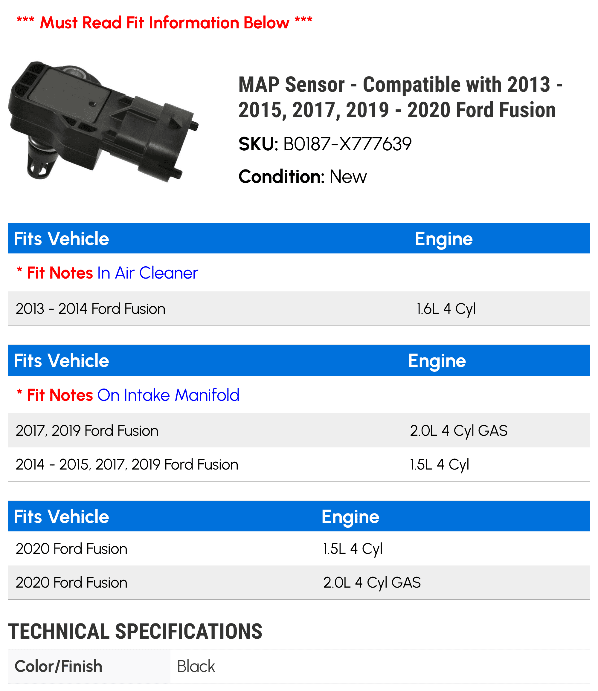 MAP Sensor - Compatible with 2013 - 2015, 2017, 2019 - 2020 Ford Fusion 2014