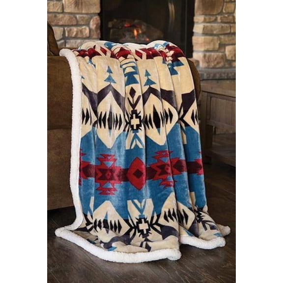 Southwest Aztec Blue River Plush Fur Sherpa Borrego Fleece Throw Blanket