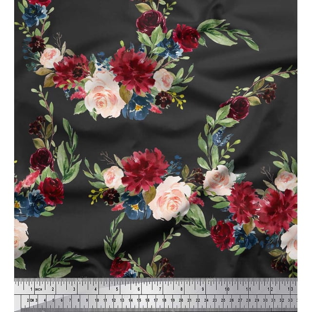 Soimoi Gray Moss Georgette Fabric Ranunculus & Penoy Floral Print Printed Fabric 1 Yard 44 Inch Wide