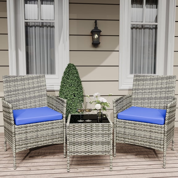 3 Pieces Patio Furniture Set, Outdoor PE Rattan Wicker Chairs with Soft Cushion & Glass Coffee Table, All-Weather for Garden Yard Balcony Poolside – Brown/Beige
