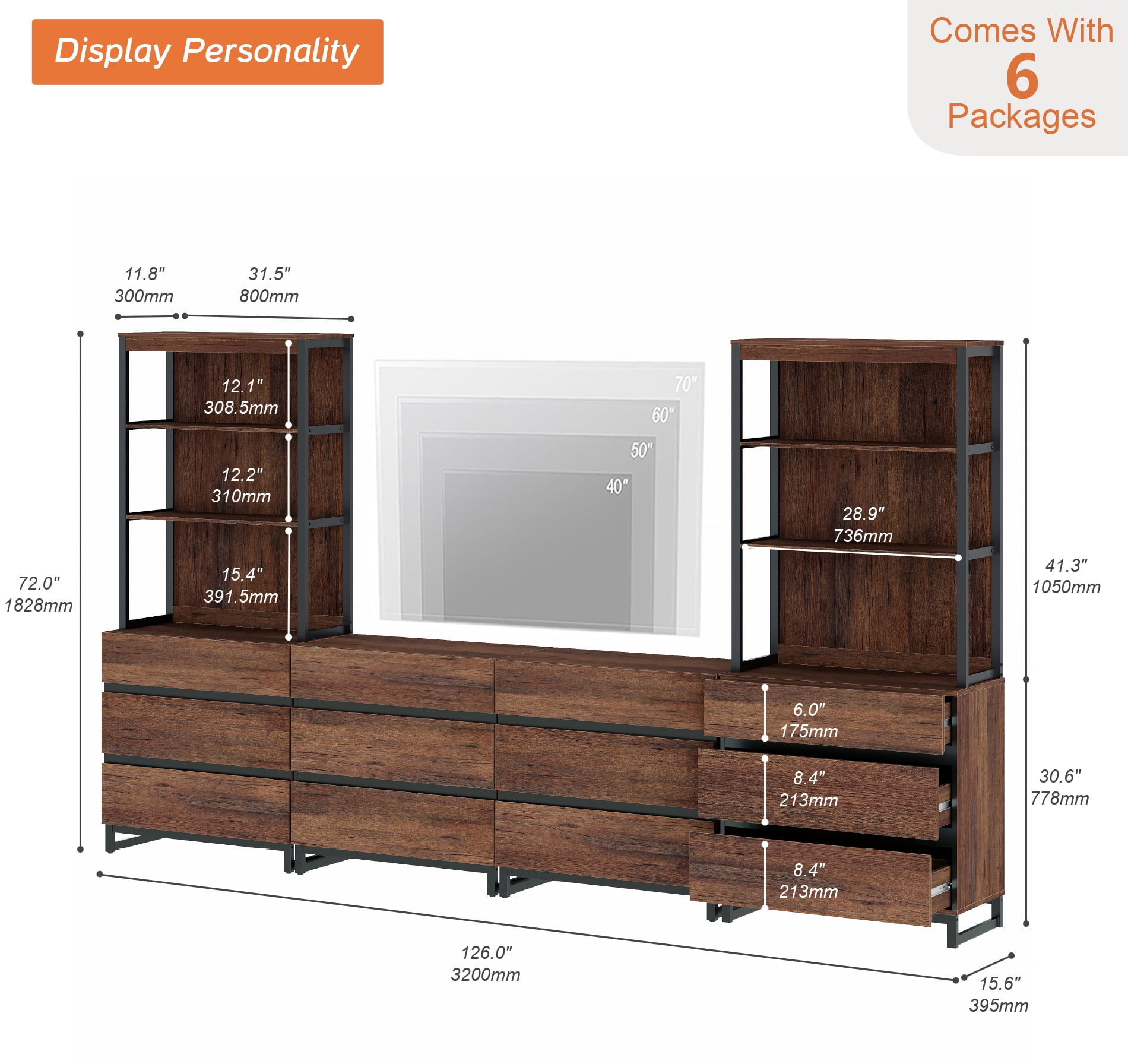 WAMPAT Modern TV Stand, 3-Tier Bookshelf & Farmhouse Entertainment Center with 12 Drawers, Adjustable Shelf & Black Metal Legs, Living Room Media,Console,Brown