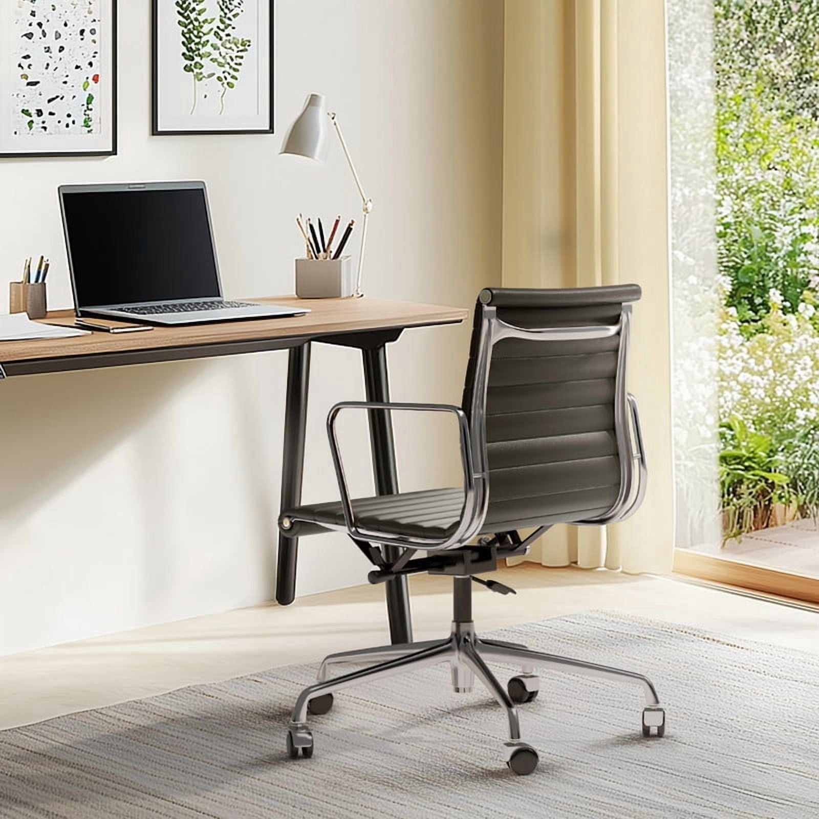 Cottinch Ribbed Office Chair Mid Back Genuine Leather Ergonomic Desk Chair with Arms, Adjustable Height Executive Conference Task Chair Swivel Chair for Home Office, Black