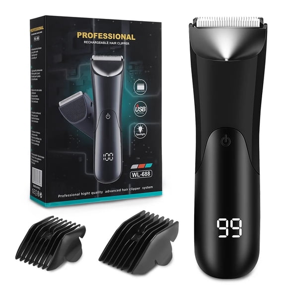 Professional Men's Body Hair Trimmer Kit, LED Digital Display Waterproof Rechargeable Electric Razor for Nose Ear Face Beard Private Parts, Cordless Grooming Tool with Ceramic Blade Type-C Charging