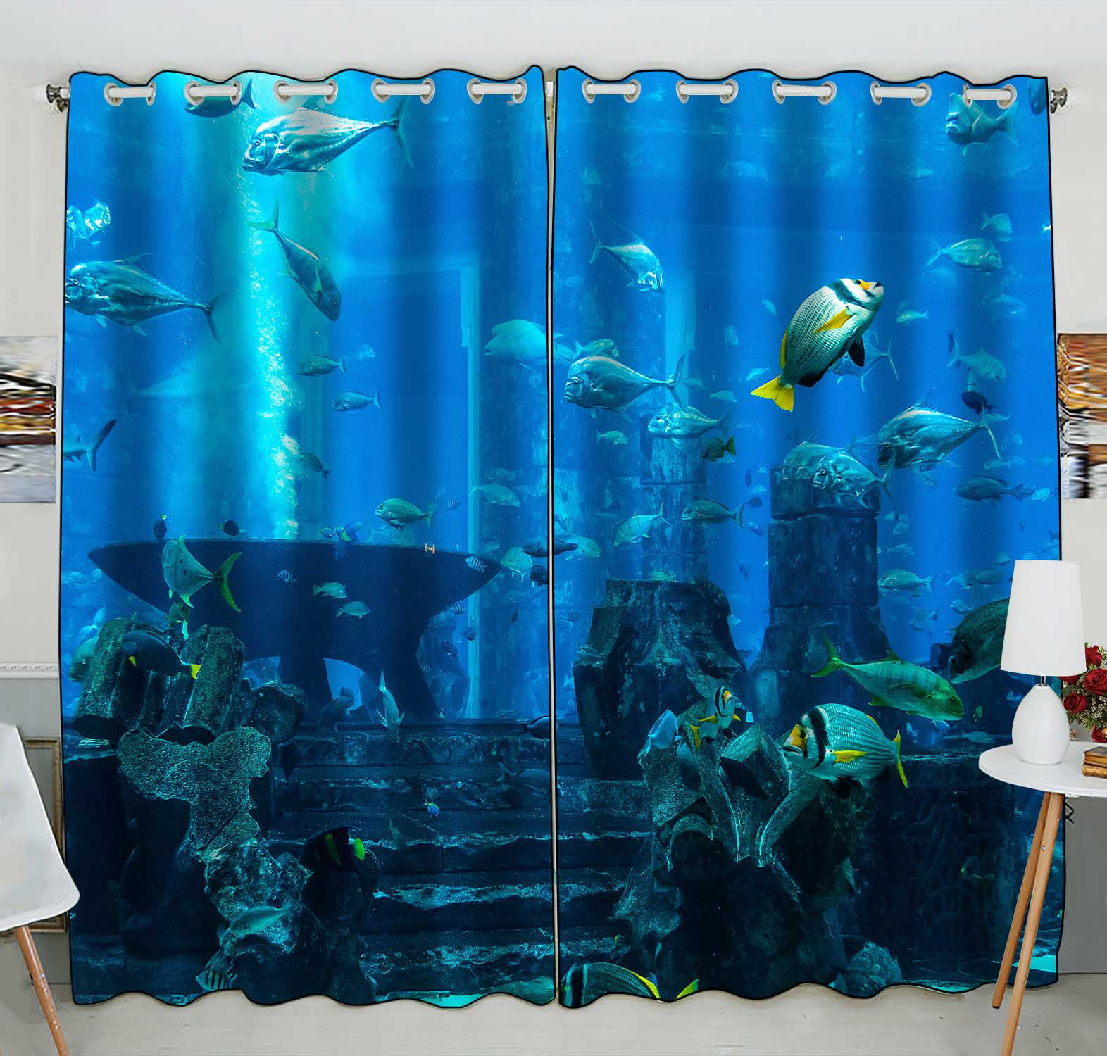 Window Curtains Shading Light Fabric Underwater World Color Fish On Coral Reef 