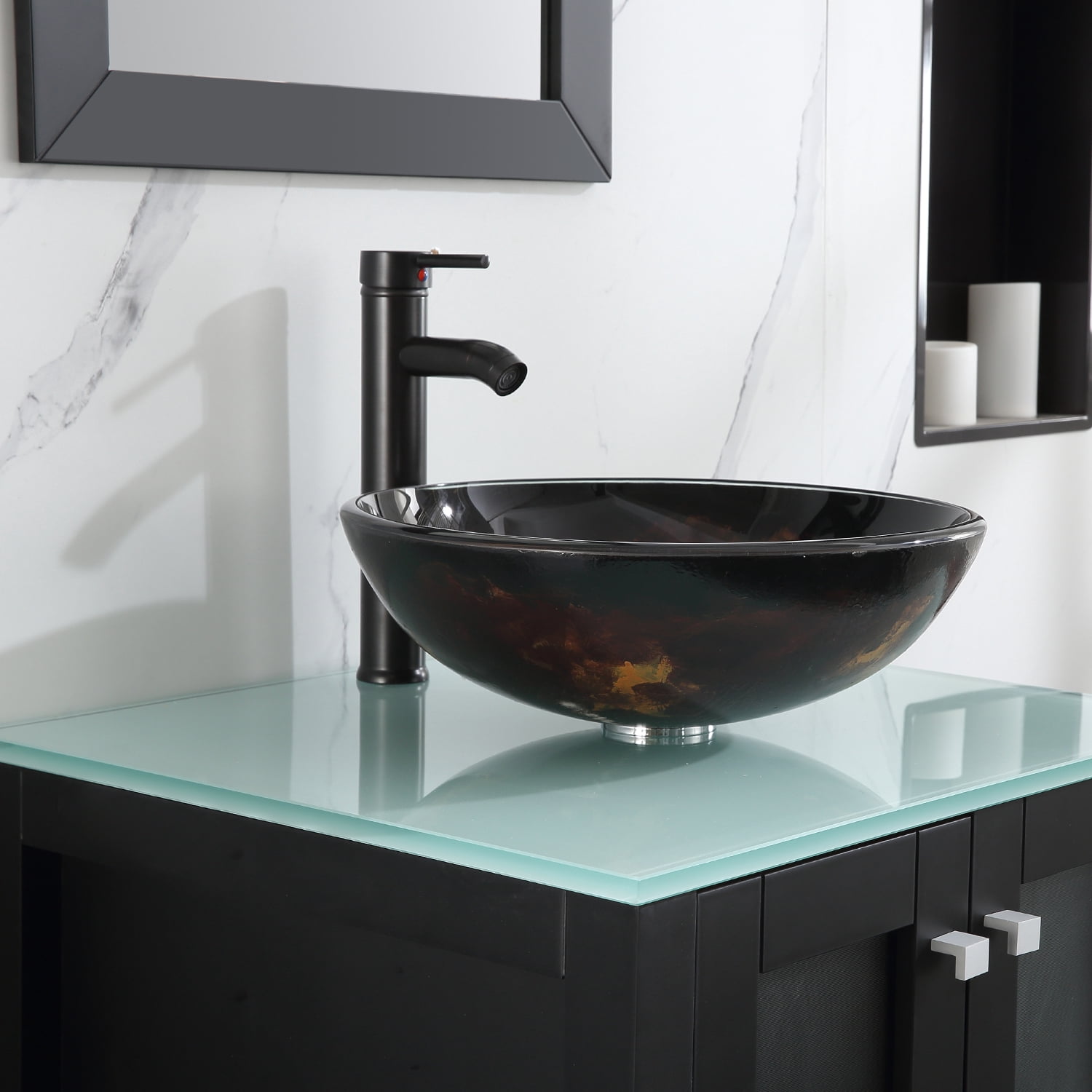 Wonline 24" Single Bathroom Vanity Cabinet Solid Wood w/ Mirrors Glass Vessel Sink