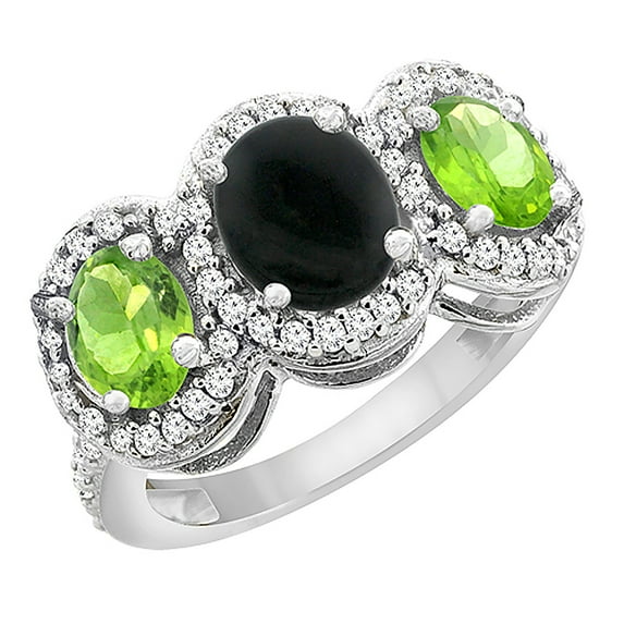 10K White Gold Natural Black Onyx & Peridot 3-Stone Ring Oval Diamond Accent, size 9.5