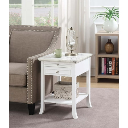 Convenience Concepts American Heritage Logan 1 Drawer End Table with Pull-Out Shelf White Faux Marble/White