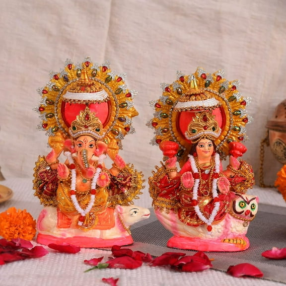 Terracotta Goddess Lakshmi and Lord Ganesh Idol/Statue/Murti Decorative Showpiece, Ganesha Laxmi Mitti Figurine for Puja(Pattern 03)