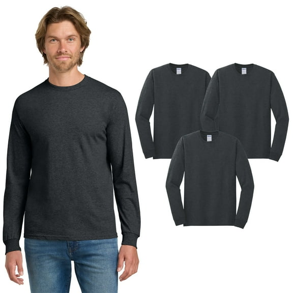 Gildan Heavy Cotton Long Sleeve Shirt, Casual Shirt, Crewneck Tee, Dark Heather, 6 Pack, S