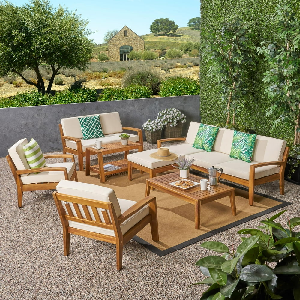 Wilcox Outdoor 9 Piece Acacia Wood Sectional Sofa Set with Cushions