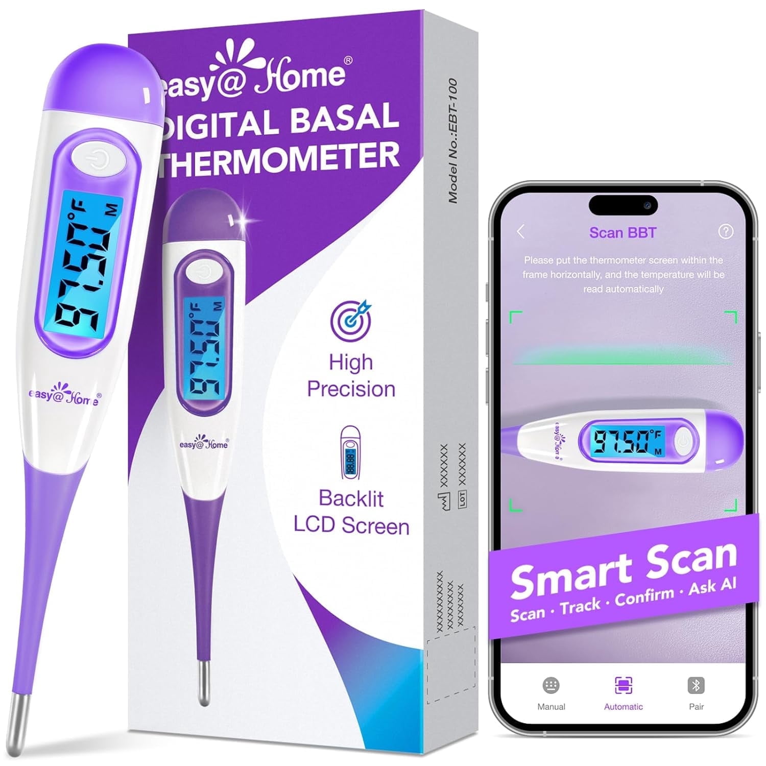 Easy Home Digital Basal Thermometer Waterproof Flexible Tip 1/100th Degree Precision