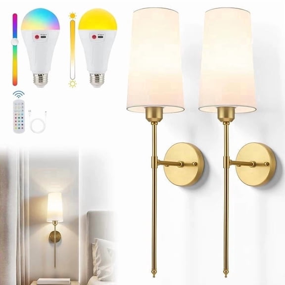 RELOIVE Wall Sconces Set of 2 Battery Operated,Wireless Rechargeable Wall Lights with Remote & Touch Control, 5000mAh, 3 CCT & 12 RGB Colors, Dimmable, Timer for Bedroom Living Room