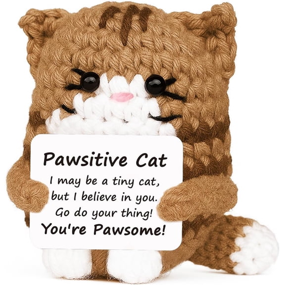 Positive Crochet Cat Mini Animal Emotional Cheer Up Support Gifts, Funny Crochet Mini Handmade Cat for Women Men Friends Mom Birthday Mothers Day Decor Graduation Gifts (Brown)
