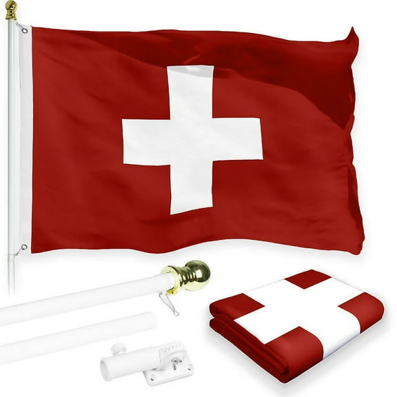 G128 Combo Pack: 6 Feet Tangle Free Spinning Flagpole (White) Switzerland Swiss Flag 3x5 ft Printed 150D Brass Grommets (Flag Included) Aluminum Flag Pole