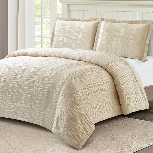 - 2-Piece Seersucker Comforter Set Twin Size - 1 Bedding Comforter + 1 Pillow Shams - Super Soft Microfiber for All Season, Beige