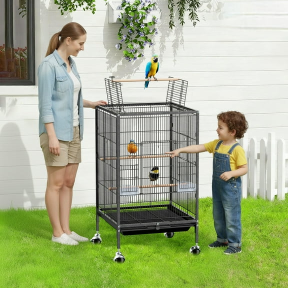 UBesGoo Rolling Parrot Cage, 35in Open Top Wrought Iron Design with Interactive Roof & Full View
