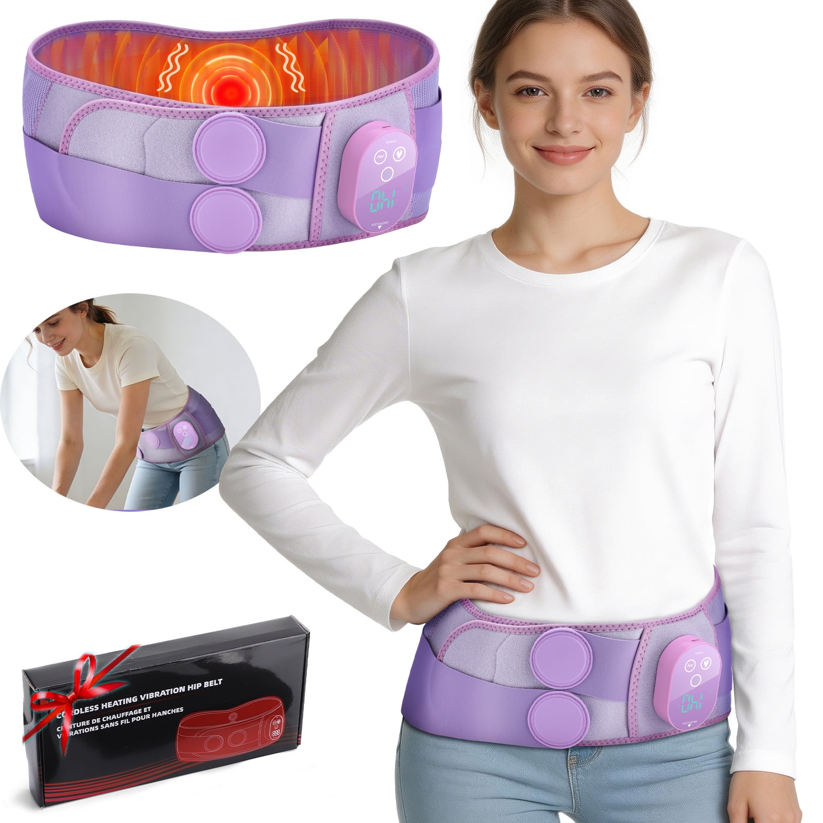 Cordless Hip Heating Pad with Vibration Massage, Portable Heated Hip Wrap, Adjustable Hip Support Brace, Electric Heating Belt for Buttock Thigh and Lower Back Gift for Family Friends, Purple