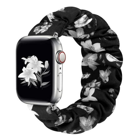 YuiYuKa Scrunchie Strap Compatible with Apple Watch Bands 40mm 44mm 42mm 38mm 42mm Ultra 49mm Elastic Nylon Band Women bracelet Solo Loop Band iWatch Series 8 7 6 5 4 3 SE - Black Gray flower