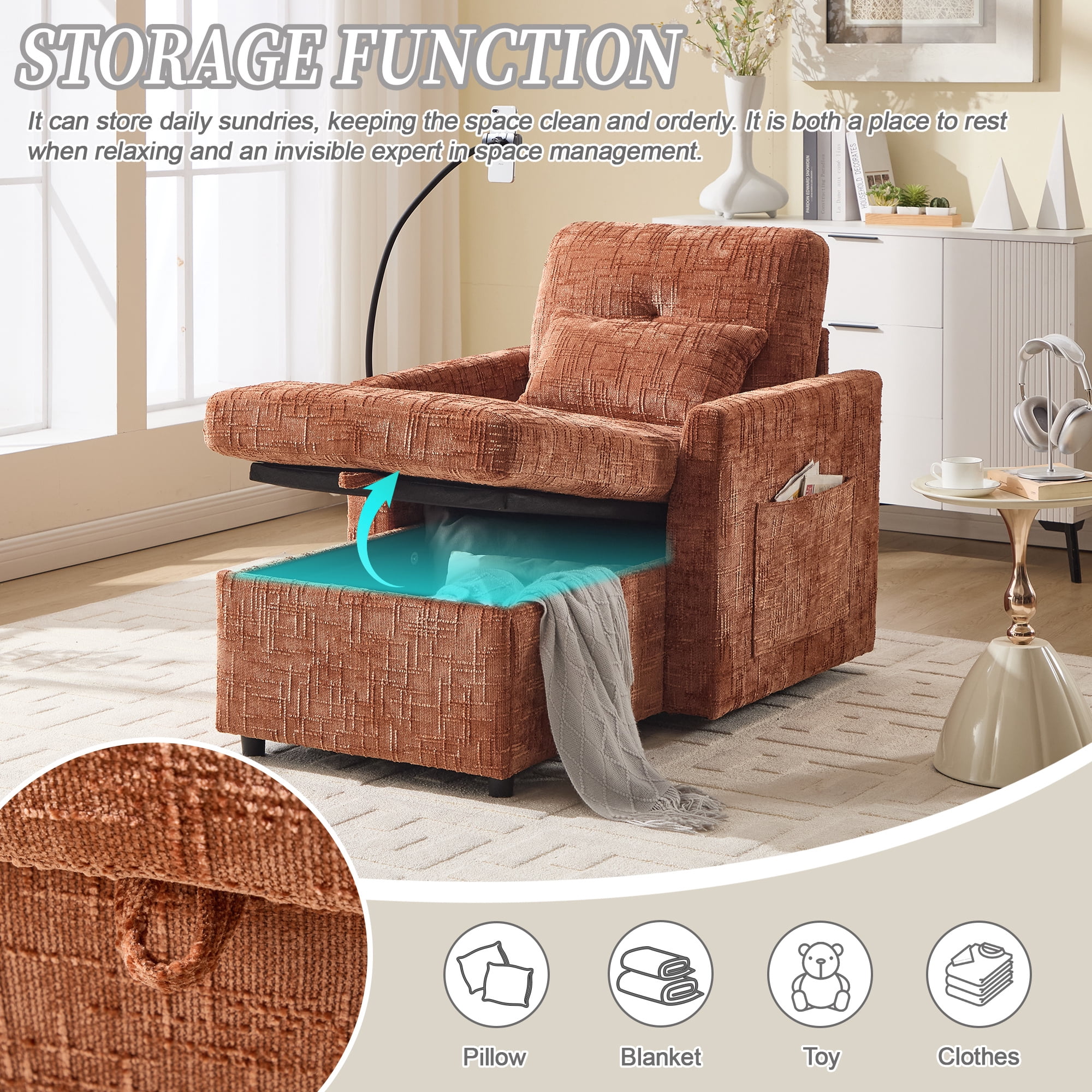Aukfa Storage Chaise Lounge Single Sofa with Phone Holder and Pillow for Living Room Bedroom, Chenille, Orange