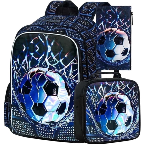 Kids Soccer Backpack Set for Boys, 3Pcs 17" School Bookbag with Lunch Box, Football Backpack for Elementary Preschool Kindergarten, Blue
