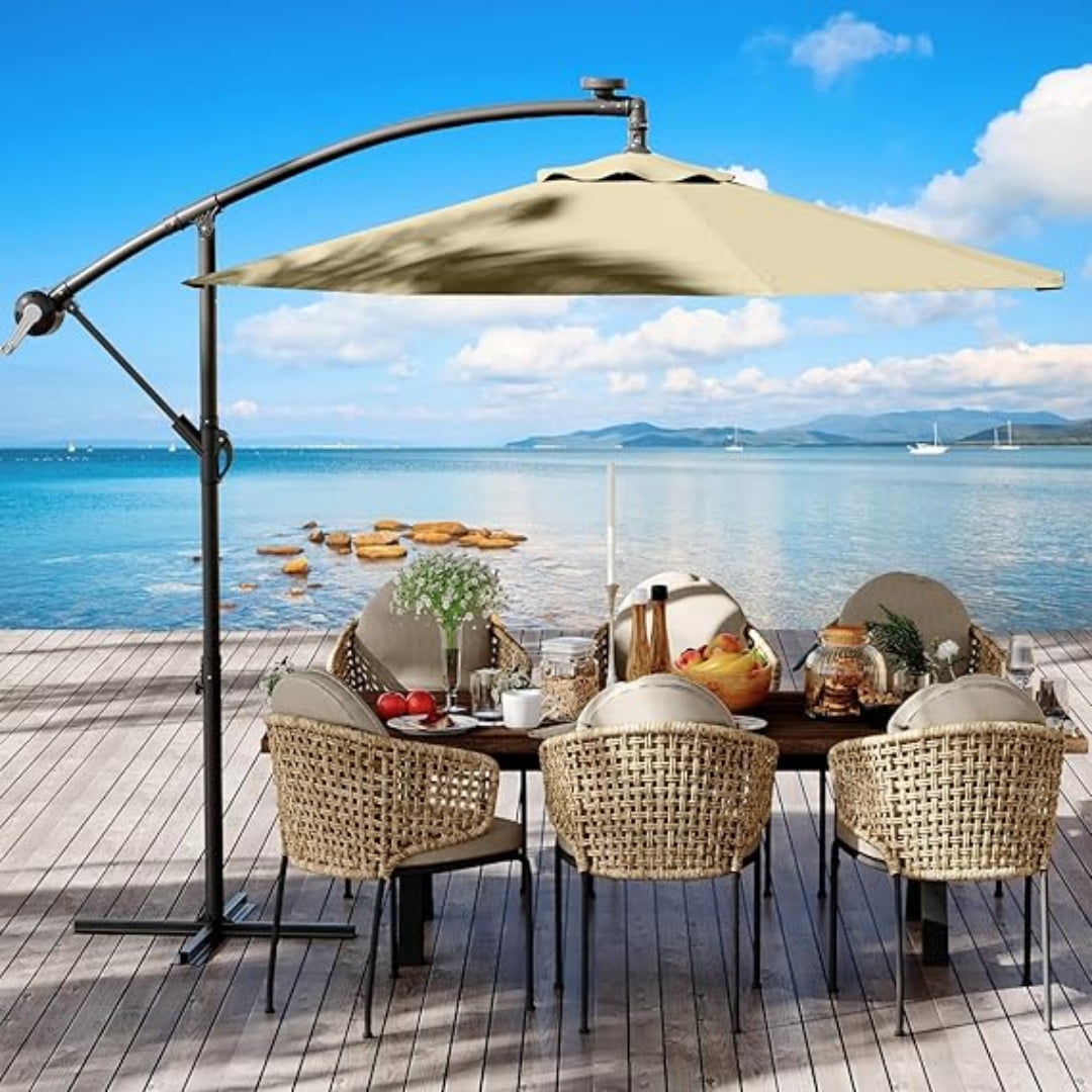 10FT Cantilever Patio Umbrella with Heavy-Duty Cross Base, Outdoor Offset Market Umbrella with Infinite Tilt & Easy Crank Lift – Waterproof, UV-Resistant, Wind-Resistant, Sturdy Aluminum Pole