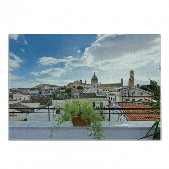 Sicily Cutting Board, Panorama of the City of Palermo with Cloudy Sky Old European Town Buildings Photo, Decorative Tempered Glass Cutting and Serving Board, in 3 Sizes, by Ambesonne
