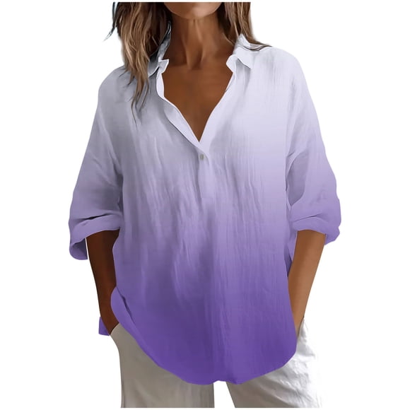GreatBaby T-Shirts Tendance à Col en V pour Femmes Styles Unis Manches Trois Quarts Détails Boutonnés Style Combiné Sorties Décontractées Usage Quotidien (Violet2,2TG)
