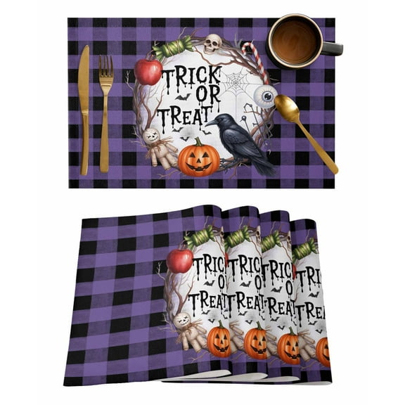 Placemats Set of 1 Halloween Pumpkin Crow Skull Eyeball Black Purple Plaid Heat Insulation Washable Place Mats, Rustic Non-Slip Table Mats for Dining Table Party Kitchen Decor,13x19 Inch