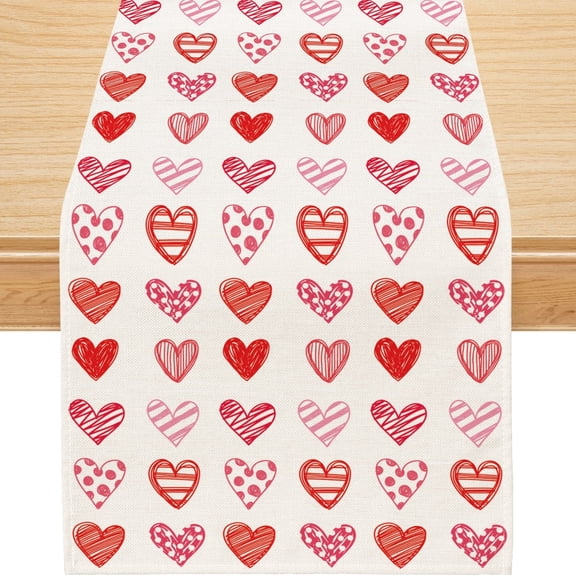 Valentines Day Table Runner, Pink Red Hearts Valentine's Day Runner Table Decoration, 13x72 inch, Polyester