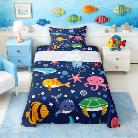 Manfei Cartoon Marine Life Twin Sheet Sets for Kids Boys and Girls Octopus Sea Turtle Bedding 3-Piece 1 Flat Sheet 1 Fitted Sheet and 1 Pillowcase