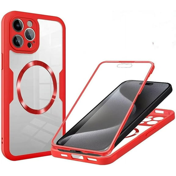 Case for iPhone 13 Pro Max,Full-Body Rugged Stylish Protective Clear Colorful Back Hybrid 3-in-1 with Built-in Screen Wireless Charging Protector Phone Case for iPhone 13 Pro Max,6.7 inch 2021 (Red)