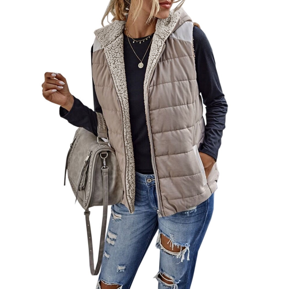 Gergeos Women Vest Coat Casual Sleeveless Outerwear Zipper Reversible Plush Vest with Pockets