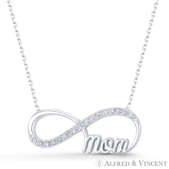 Infinity Charm Cubic Zirconia CZ Crystal Pave & Cursive "Mom" Script Pendant in .925 Sterling Silver w/ Rhodium w/ Rhodium