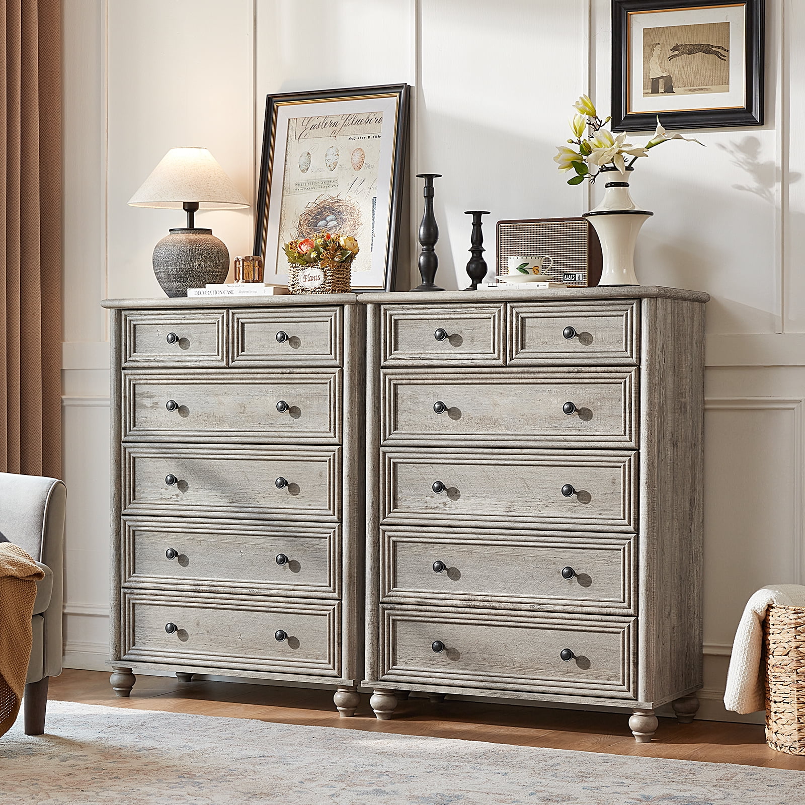 LELELINKY Farmhouse 6 Drawer Dresser, 43.5" Tall Chest of Drawers for Bedroom, Wood Storage Dressers Organizer for Living Room Hallway Closet, Grey