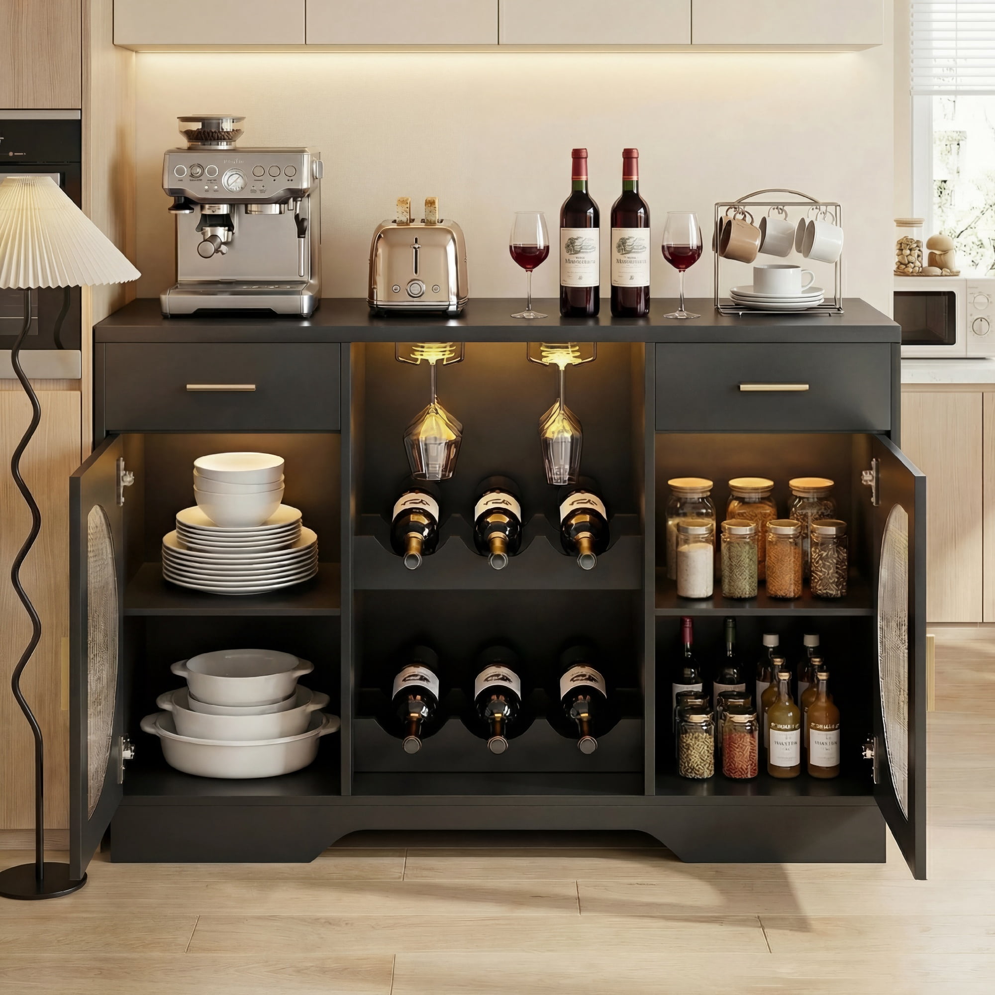 Kbun Coffee Bar Cabinet with Fridge Space, Wine Bar with LED Lights & Power Outlet, Sideboard for Home with Glass Doors, Freestanding Liquor Cabinet, Black