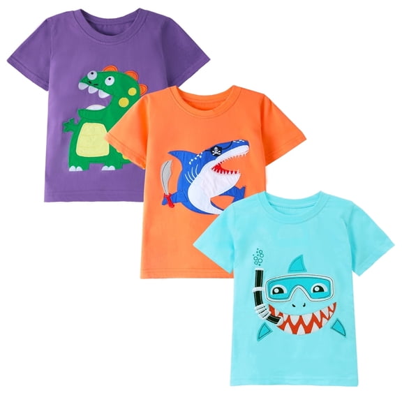 HILEELANG Toddler Little Boys T-Shirts 3 Pack, 100% Cotton Short Sleeve Tees for Kids 2-7T, Cute Dinosaur & Pirate Shark Print Summer Tops for 5T